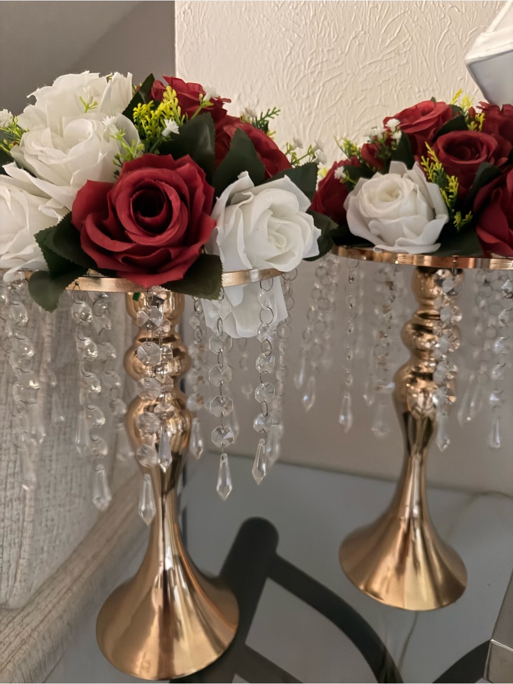 Gold Crystal Pedestal with Red & White Faux Roses